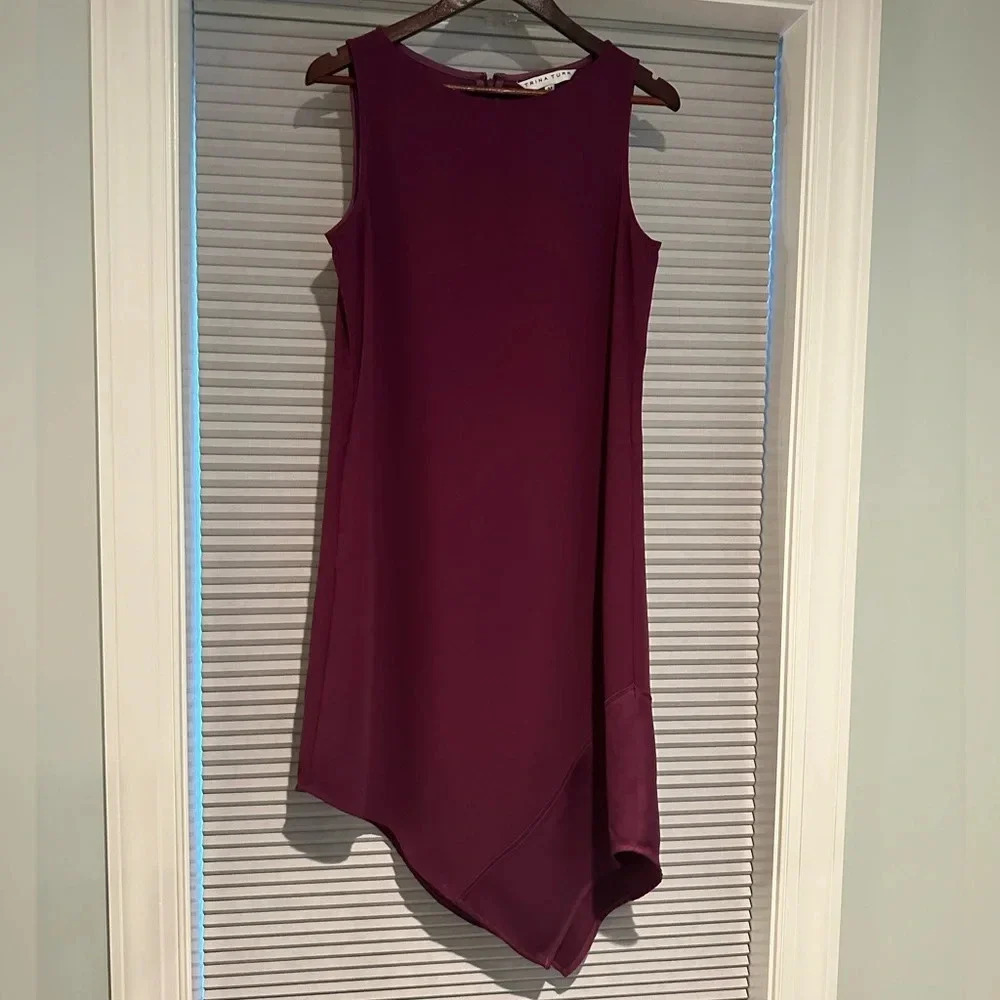 Trina Turk maroon satin midi dress asymmetric hem